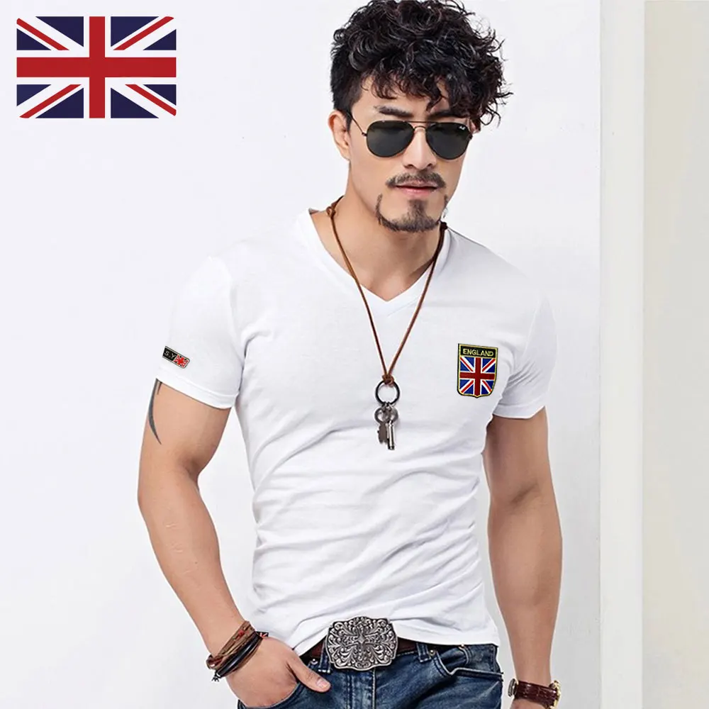 Новое поступление, Мужская футболка с флагом, летняя мода, британский флаг, вышивка, Мужская облегающая футболка с v-образным вырезом, брендовая мужская хлопковая забавная футболка - Цвет: V neck White