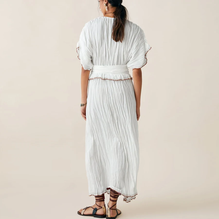 Boho Летнее платье с v-образным вырезом Белое Женское платье с длинным рукавом повседневное хлопковое контрастное платье с отделкой для отдыха с высокой талией Vestidos новинка