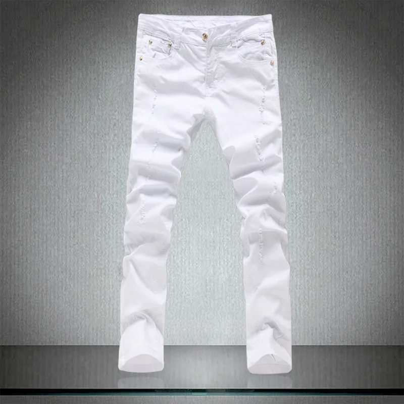 2018 Spring Men's tight Pure White jeans male , men's skinny trousers , High quality Cotton elastic hole slim Leisure pants men 2018 Spring Men's tight Pure White jeans male , men's skinny trousers , High quality Cotton elastic hole slim Leisure pants men
