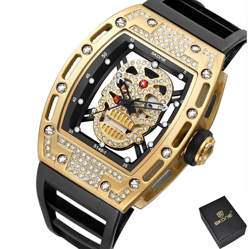 

Mens Fashion Militaire Siliconen Band Rechthoek Dial Schedel Gezicht Mannen Horloges 3D Scrub Wijzerplaat Relogio Masculino