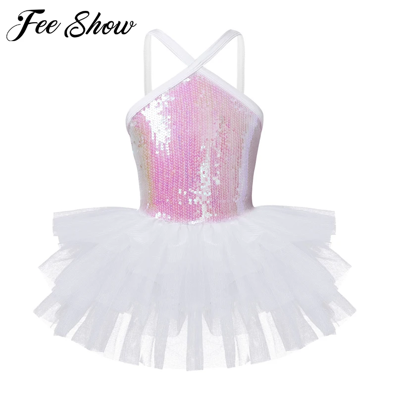 Kids Girls Ballet Tutu Dress Sequins Gymnastics Leotard Dance Sleeveless Costume