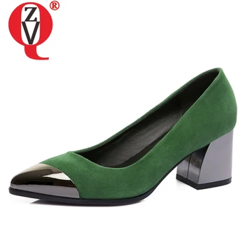 

ZVQ Shoes Women 2019 Spring New Fashion Kid Suede Women Pumps 5 Cm Square Heel Metal Decoration Slip-On Outside Shoes Size 33-43