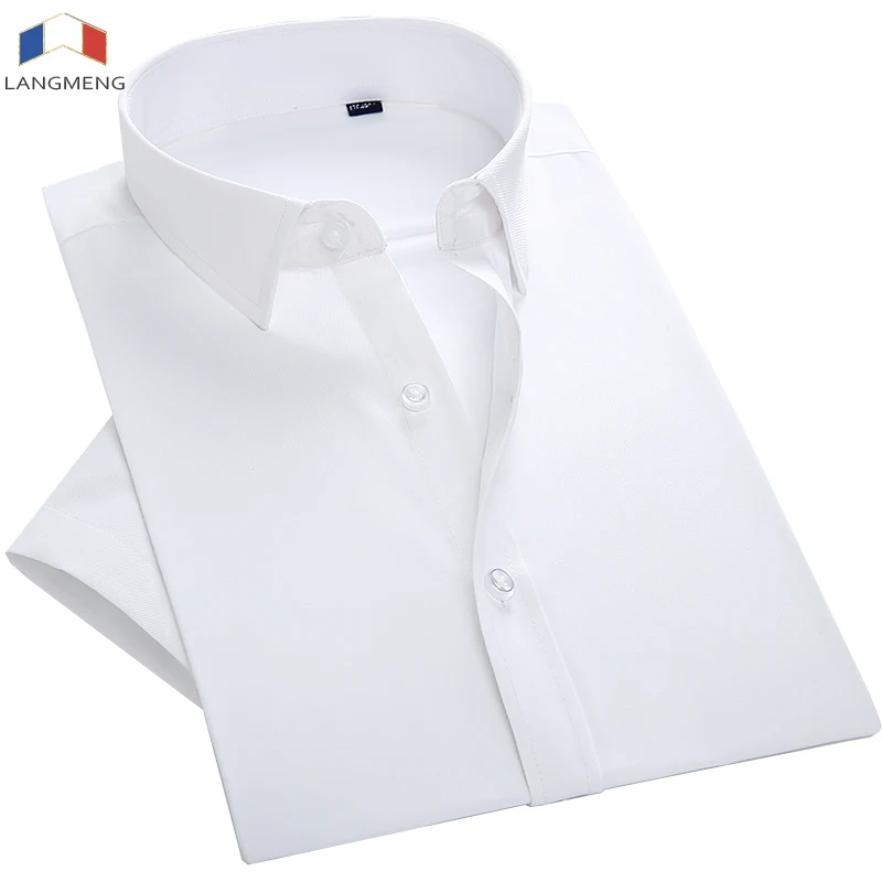 

langmeng plus size 7XL men shirt short sleeve solid color work shirts mens social dress shirts white male Formal Business Shirt