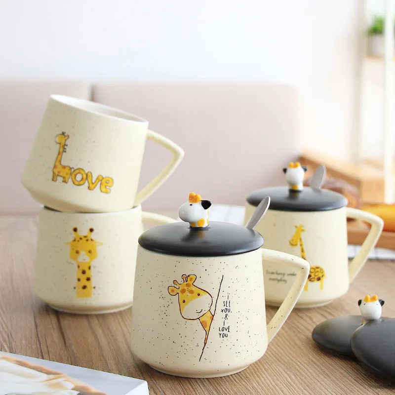 

Creative Ceramic Coffe Mug Milk Juice Drinks Cup 3D Giraffe Cover with Spoon for Lover's Gift Studengt's Present