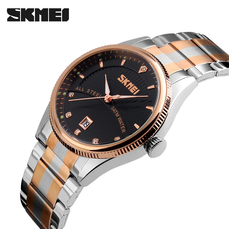 

SKMEI Men Full Stainless Steel High Hardness Mirror 9123 30M Waterproof Calendar Quartz Watch For Business Man Gold Wristwatches
