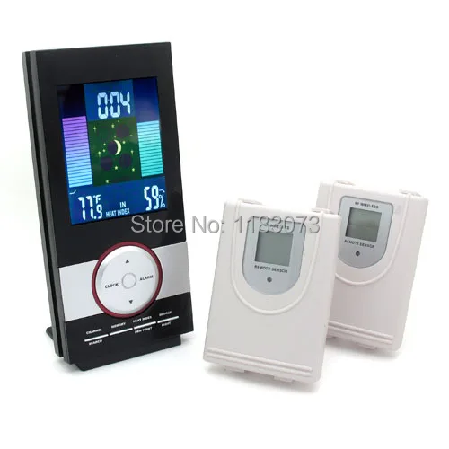 

RF 434MHz In/Outdoor Wireless Weather Station Thermometer Hygrometer Alarm Snooze Clock Moon Phase Heat Index &Two Remote Sensor