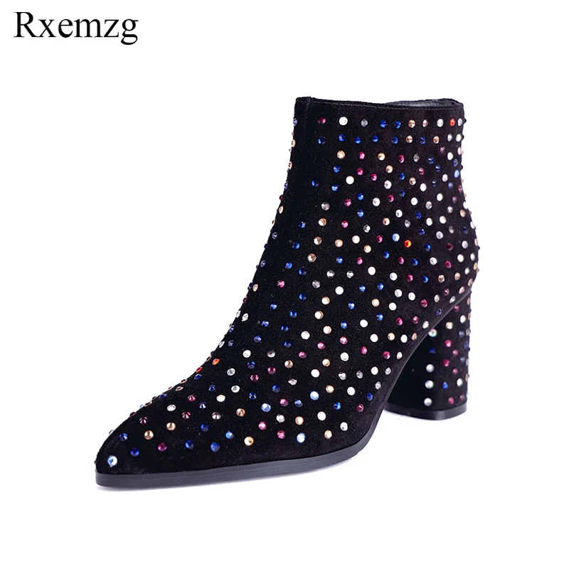 

Rxemzg fashion rhinestone party shoes boots women designer pointed toe cow suede footwear women high heel ankle boots for women