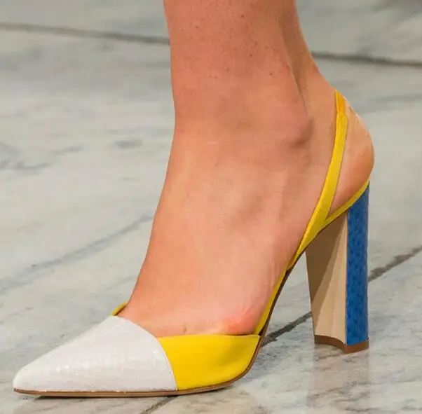

Summer New Women Fashion Geometry Patchwork Shallow Pointed Toe Slip On Slingback Elastic Back Party Square Heel Sandals Lady
