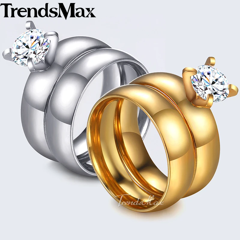 Trendsmax Mens Womens Wedding Ring Set Gold Silver Tone Stainless Steel CZ Stone Couple Promise Band Engagement Ring KKRM28
