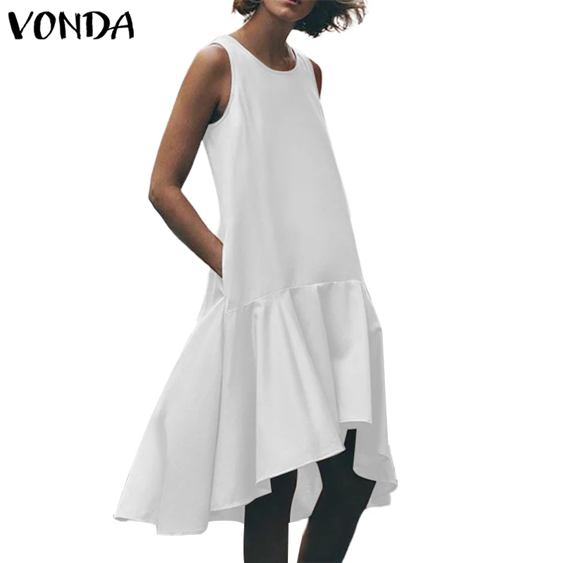 

VONDA Summer Dress Women Sundress 2019 Sexy Sleeveless Irregular Ruffle Hem Vest Dresses Beach Long Top Plus Size Casual Vestido