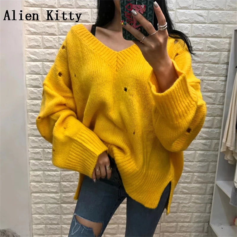 Alien Kitty 2018 корейский Модный осенне-зимний свитер для женщин с v-образным вырезом и