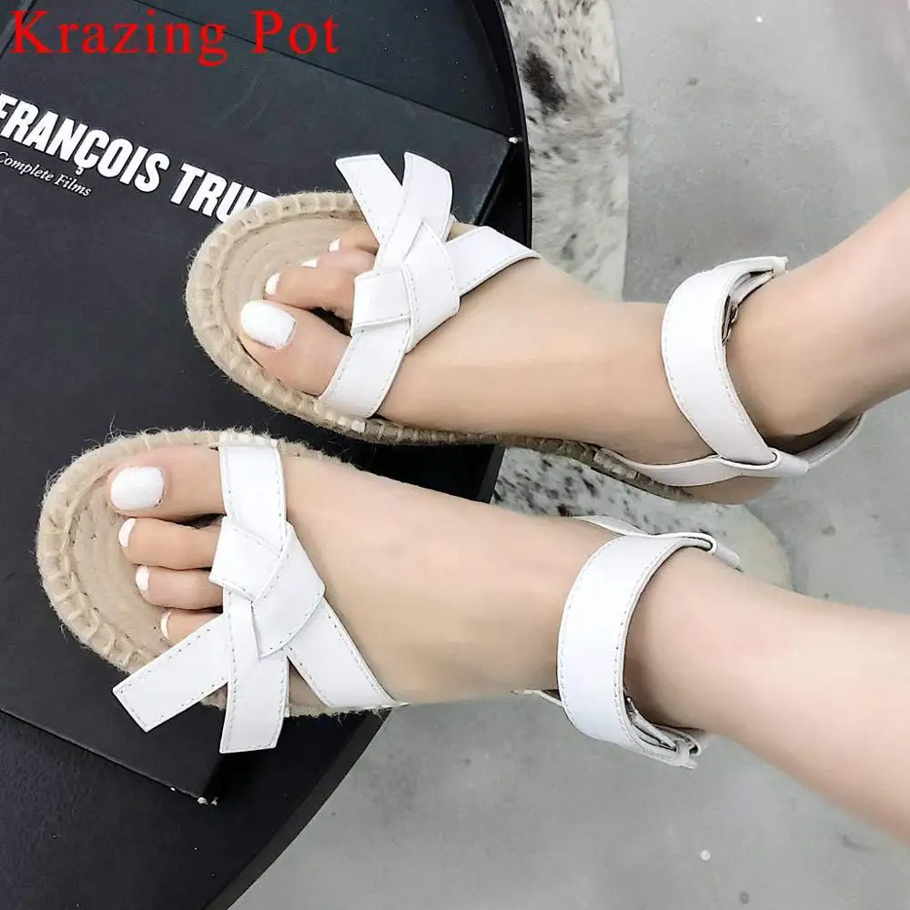 

Krazing Pot handmade comfortable straw natural leather buckle strap mules peep toe vintage gladiator shoes vocation sandals L91