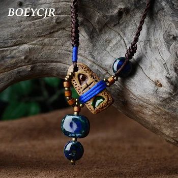 

BOEYCJR Ethnic Indigenous Face Ceramic Collar Necklace Handmade Vintage Tassel Long Pendant Necklace for Women Christmas Gift