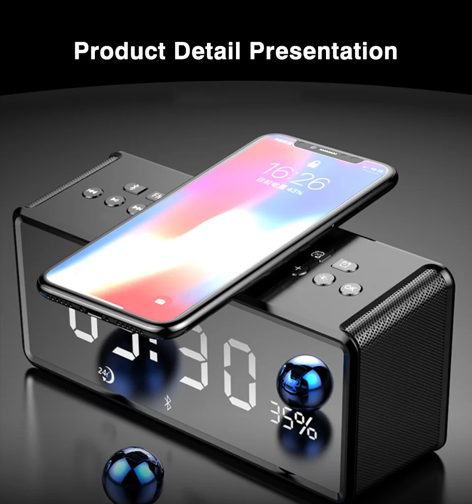 Portable Wireless Bluetooth Speaker FM Radio Alarm Bass Sound Systems 3D Stereo Surround Wireless Charger For iPhone Samsung (28)
