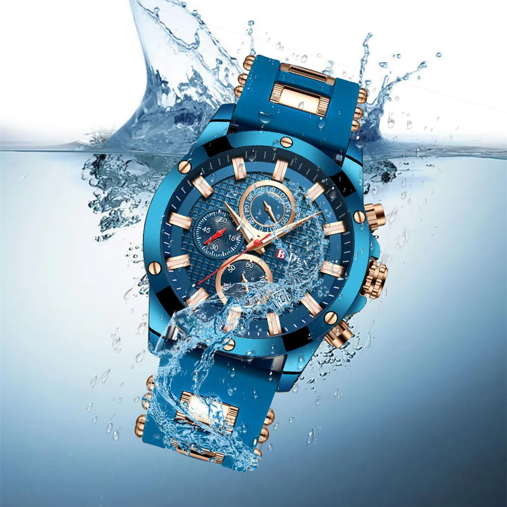 BIDEN, синие спортивные мужские кварцевые часы, Роскошный топ бренд, модный силиконовый ремешок, повседневные мужские наручные часы, 30 метров, водонепроницаемые, relojes