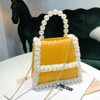 

Women Crocodile Leather Handbag Vintage Women's Pearl Handle Flap Evening Bag Female Shoulder Bags Causal Lady's Crossbody Bag