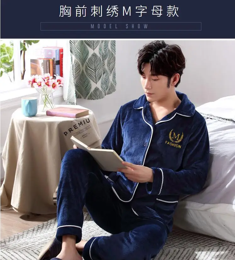 Fashion Brand Luxury Winter Pajamas Men Sleepwear Thick Warm Coral Fleece Mens Pajama Set Male Nightwear Leisure Home Clothing