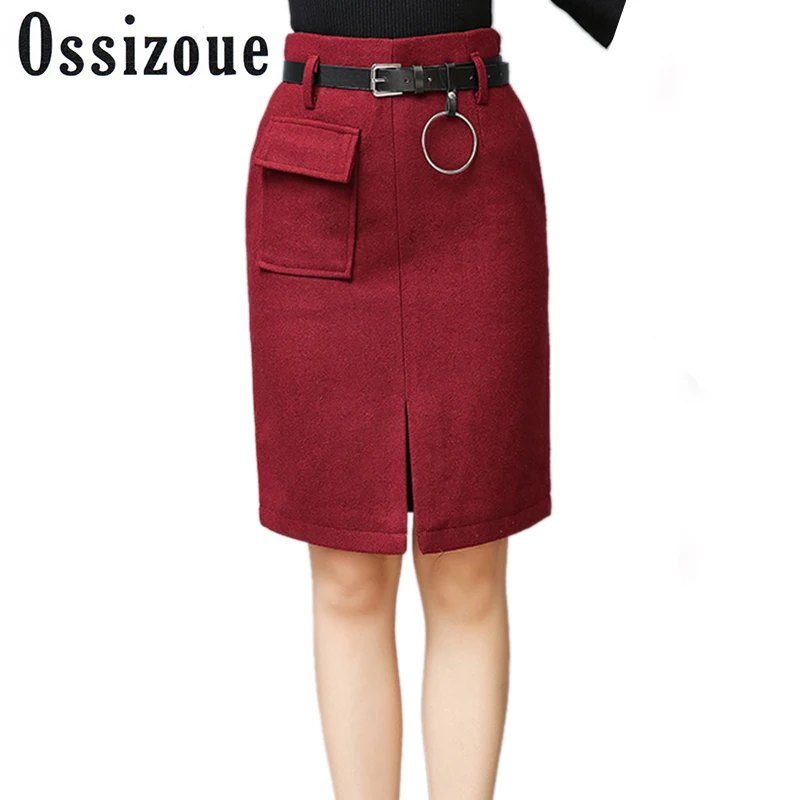 Women's Clothing Midi Skirt 2017 New High Waist Wool Pencil Skirt Red