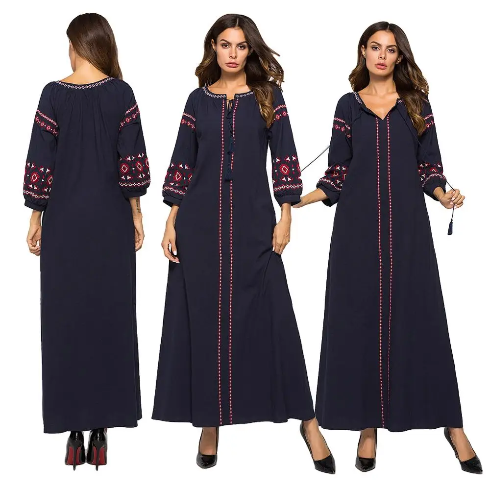 Muslim Women Ethnic Long Dress Embroidery Tassel Maxi Kaftan Arab Party Robe Gown Ukrainian Islamic Clothing Long Sleeve Fashion