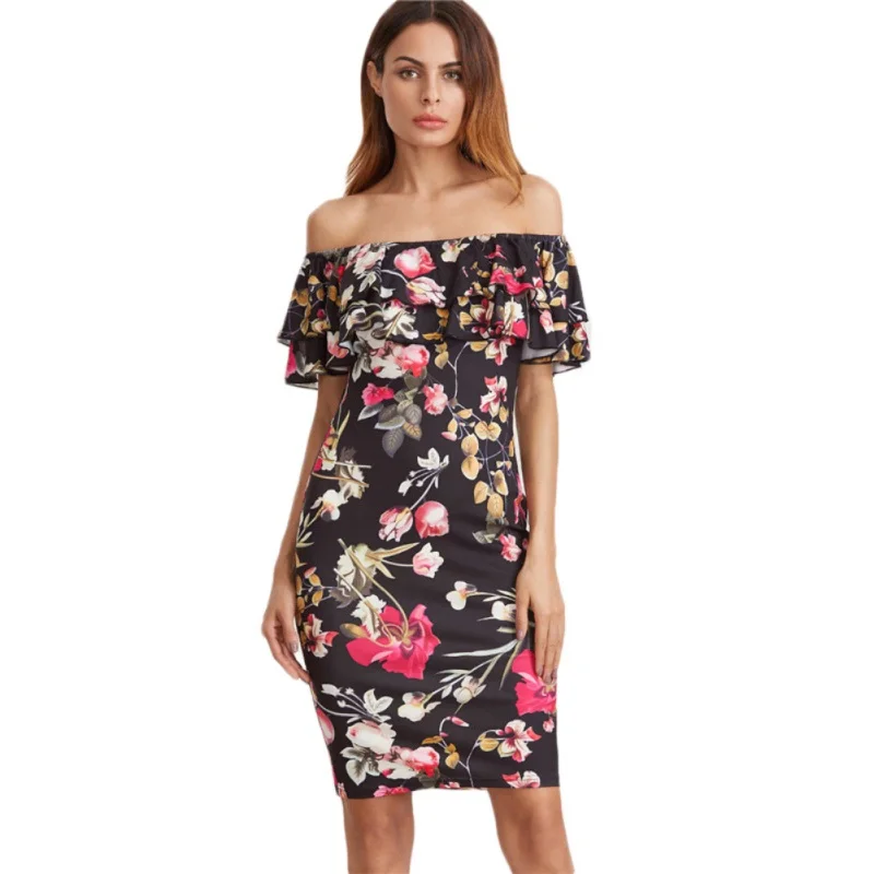 

New Women Dress Off The Shoulder Butterfly Sleeve Summer Sheath Dresses Floral Printing Dresses