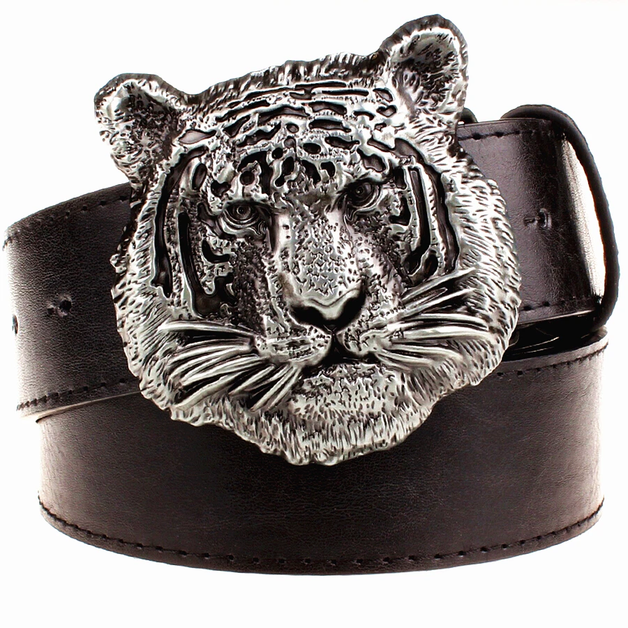 Wild personality Men s belt tiger head pattern metal buckle strap male leather belt western cowboy
