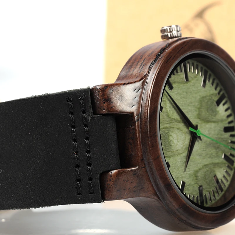 BOBO BIRD WC25 Ebony Wooden Watch Green Second Pointer Wood Face Watches for Men