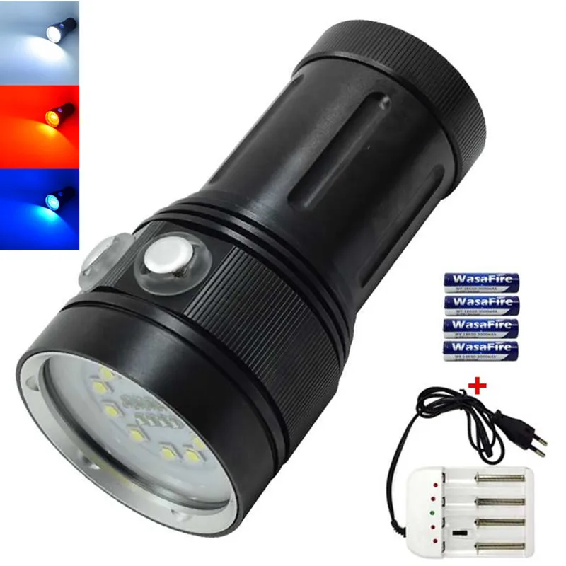 

LED Diving Flashlight Underwater Scuba Torch Light 10*L2 White + 4*Red + 4*UV/Blue Light Video Photography Dive Flashlight 18650