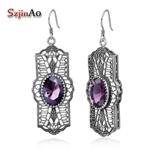Szjinao уникальные Soild 925 стерлингового серебра Австралия серьги из аметиста для женщин Свадебная вечеринка Подвески ручной работы серьги