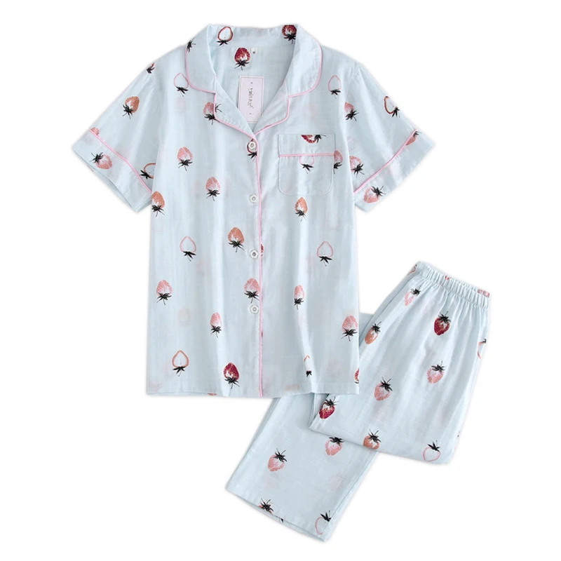 

Fresh strawberry pyjamas women 100% gauze cotton short sleeve trousers Korea pajamas mujer homewear women New Arrivals