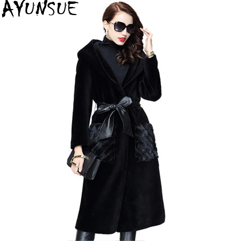 AYUNSUE 2021 New Wool Real Fur Coat For Women Winter Sheep Shearing Jackets And Coats Long Hooded PU Leather Lining Overcoat | Женская