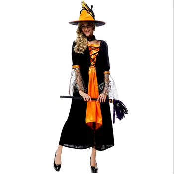 

free shipping 2016 new Witch Costume for Women Adult Halloween Fancy Outfit Dress ladies costume halloween costume dress+hat
