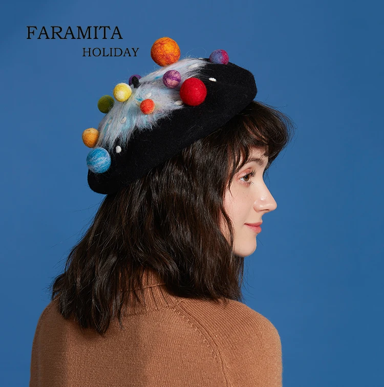 

Faramita Holiday Interstellar Night Sky Colorful Stars Women Originality Beret Hat Wizard Cap Hand Made Girls Berets Female Kids