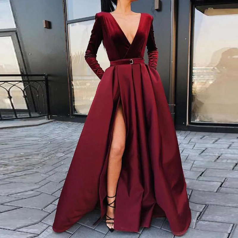 Evening Dress Long Sleeves Deep V-Neck Vestido De Festa Satin with Velour Evening Gowns Robe De Soiree 2019 abiye gece elbisesi Evening Dress Long Sleeves Deep V-Neck Vestido De Festa Satin with Velour Evening Gowns Robe De Soiree 2019 abiye gece elbisesi