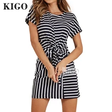 Women Summer Dress 2018 Short Sleeve Black and White Stripped Dress Tshirt Dress Cotton Front Knot Casual Mini Dress KF0842H knot front striped dress