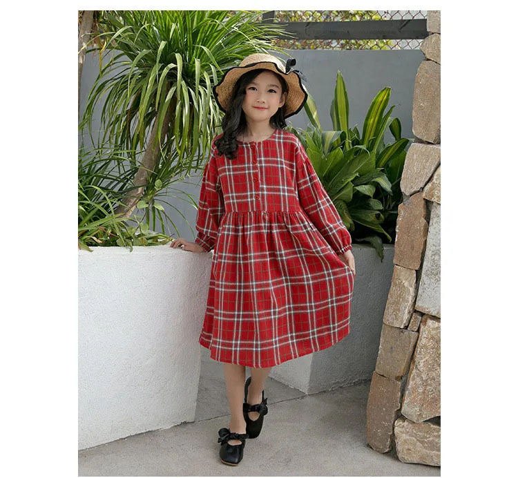 Plaid Cotton Preppy Style Knee Length Dresses For Teens Girls Dresses Age 13 14 Years Toddler Red Long Sleeve Party Dress Kids  (10).jpg