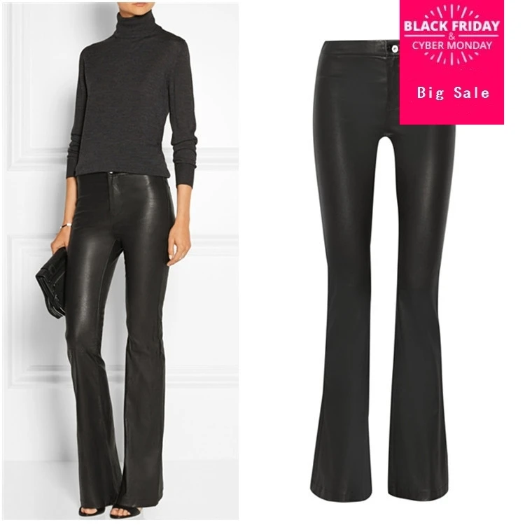 

XS-XXL Fashion Brand Pu leather pants 2019 autumn Women's High package hip Quality Water Wash Mid Waist Slim Flare Pants wj723