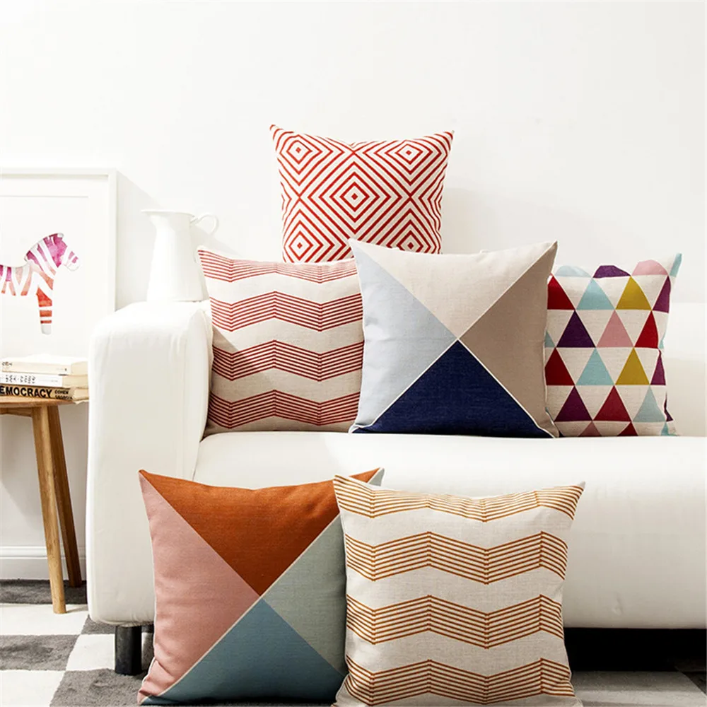 

Geometry Stripe Decorative Throw Pillow Case Cover Colorful Geometric Cotton Linen Square Cushion Cover Pillowcase For Sofa Car