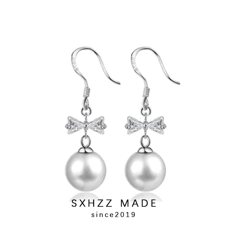

SXHZZ Pearl Stud Earrings Stimulated-Pearl Simple Style Silver Round Pearl with Bowknot for Women High Quality Accessory Jewelry
