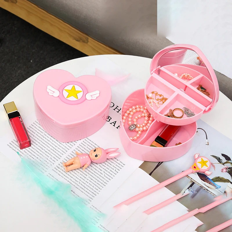 Heart Pink Sakura Cosmetic Storage Box With Mirror Desktop Jewelry Lipstick Brush Makeup Office Sundries Organizer Heart Pink Sakura Cosmetic Storage Box With Mirror Desktop Jewelry Lipstick Brush Makeup Office Sundries Organizer