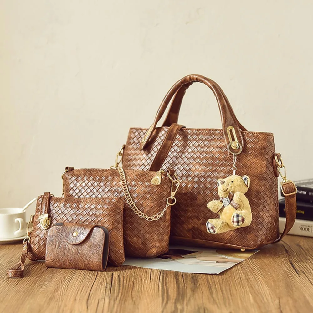 

Fashion Women 4pcs Bag Set weave PU Soft Handbag Should Bag Tote Clutch Large Tote Female Shopping Bag