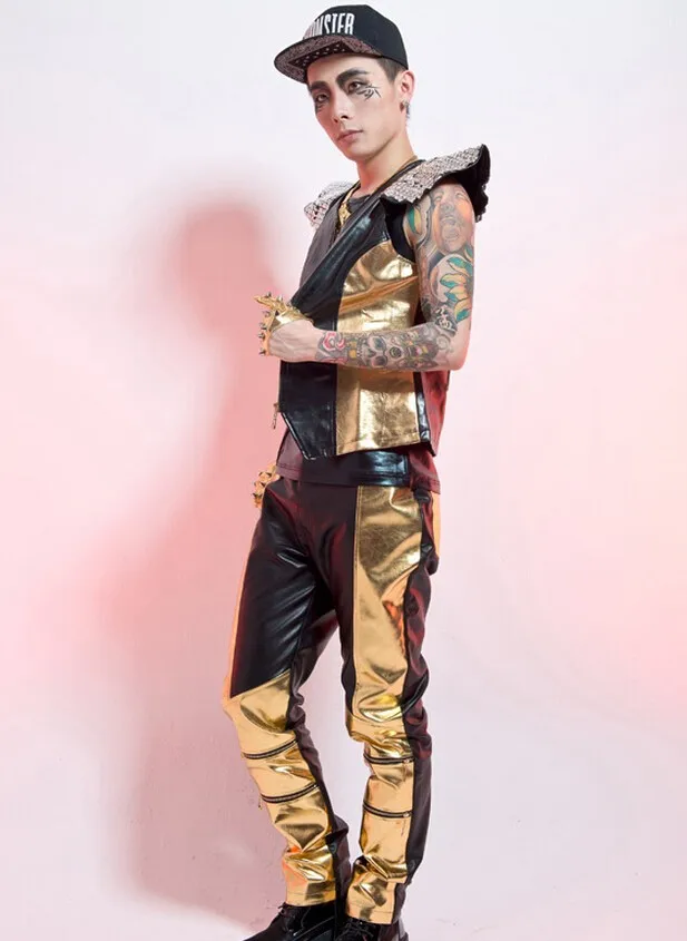 Новая стильная модная Золотая и черная сумка из ПУ и кожи мужской певец танцор жилет DJ DS индивидуальная тонкая Лоскутная блестка костюм