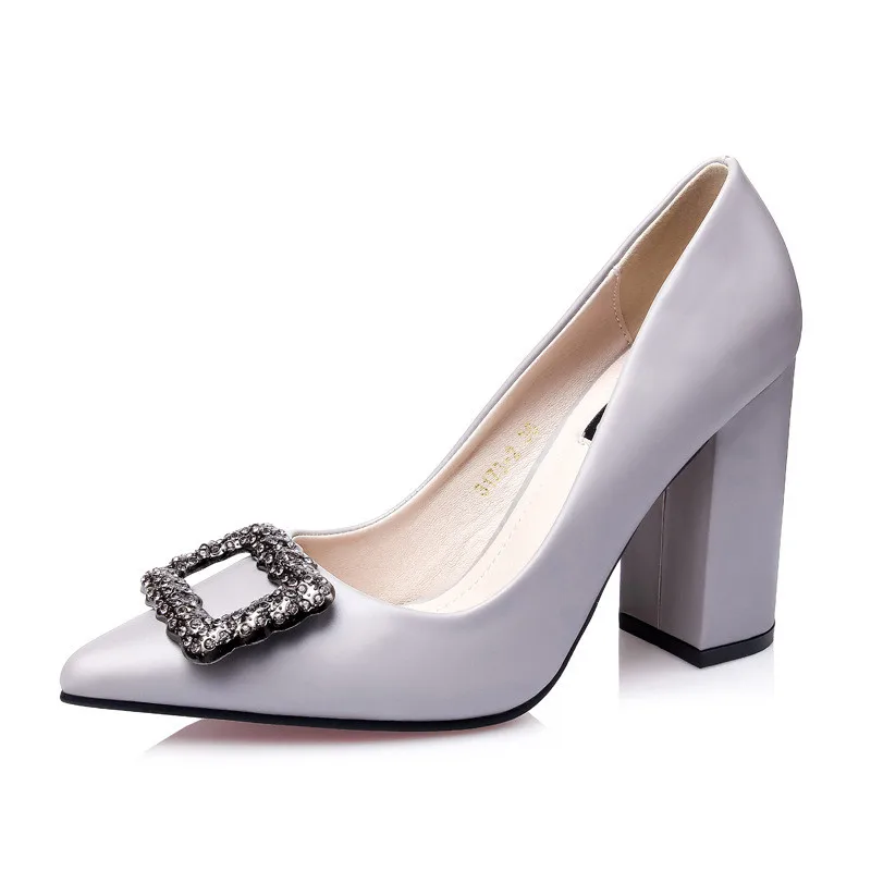 

2019 spring and autumn new thick with square buckle rhinestone pointed OL women's shoes wine gray 0711