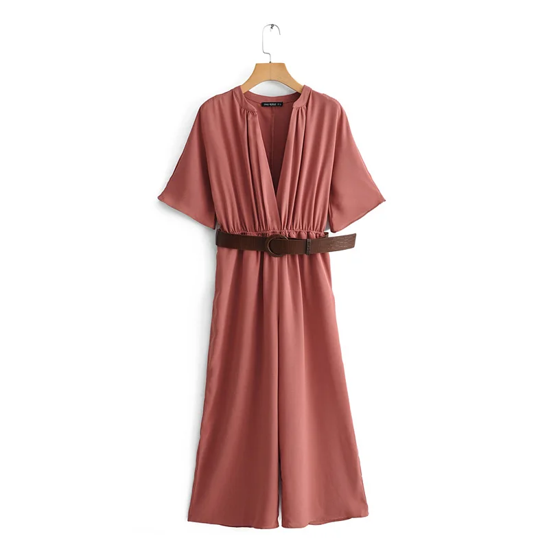 

FL Elegant Solid V Neck Jumpsuits Womens Sashes Half Sleeve Belt Elastic Waist Rompers Female Casual Summer Chic Playsuits