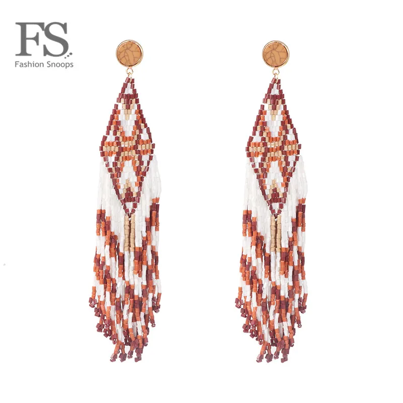 

FASHIONSNOOPS Ethnic Boho High Quality Handmade Beaded Tassel Earrings Resin Women Jewelry Drop Big Earrings Multicolor Bijoux