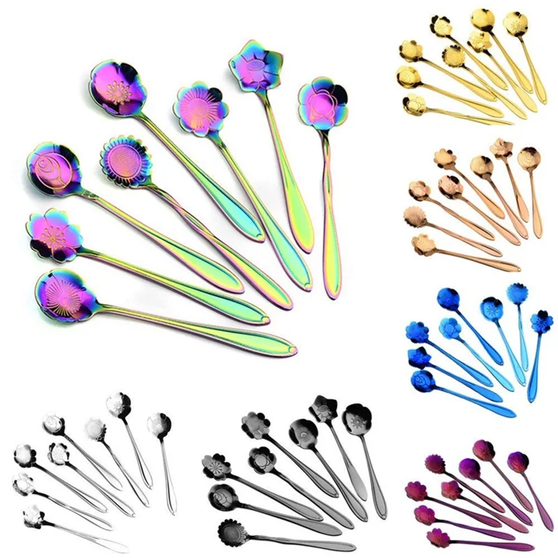 

7 colors flower mixing spoon Stainless steel colorful flower coffee spoon 8 kinds of flower shape tea spoon