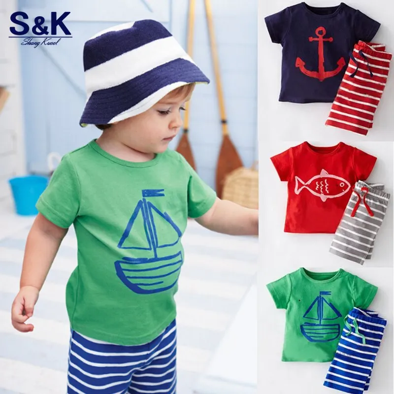 Baby Boys Summer Clothing Set Boat Anchor Striped Cotton Baby Boys