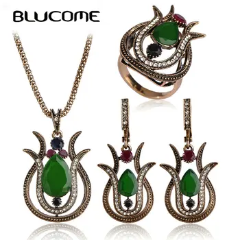 

Blucome Turkish Jewelry Vintage Necklace Earrings Ring Set Green Lily Flower Pendant Princess Hooks Max Brincos Big Size Ring 10