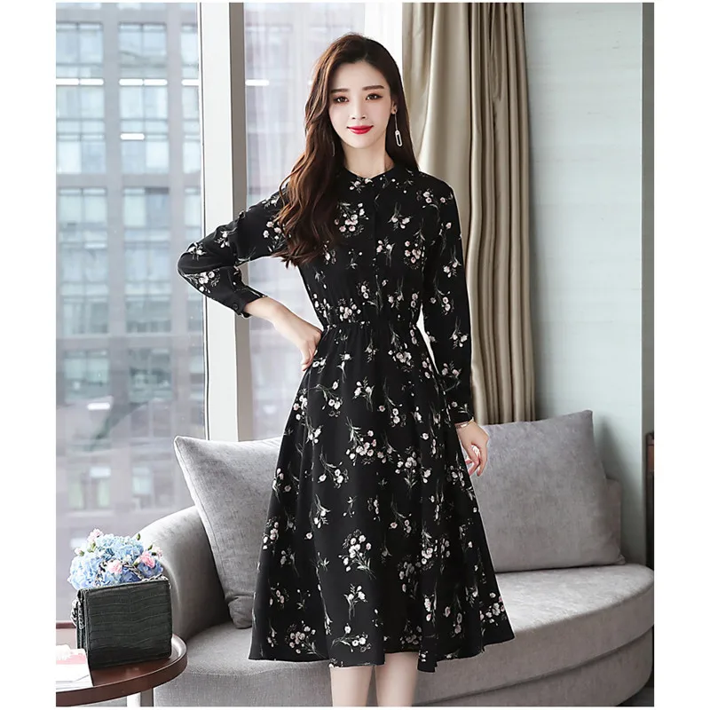 

Spring black dress 2019 new floral chiffon chic dress Korean Slim slim sexy dress vestidos feminino CX772