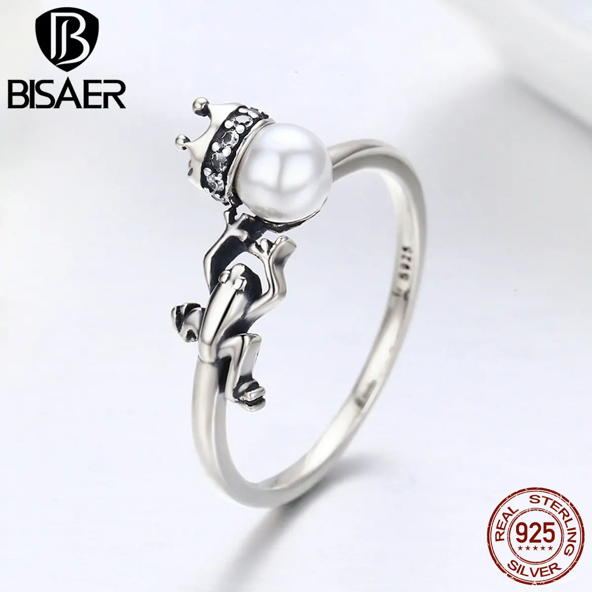 

BISAER Anel 100% 925 Sterling Silver The Frog Prince Mr Right Femme Finger Rings for Women Sterling Silver Ring Jewelry GXR287