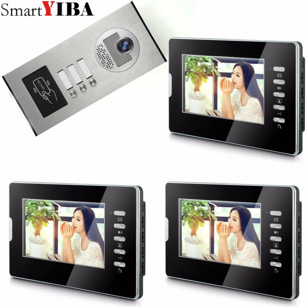 SmartYIBA Apartment 7\ Color LCD Video Intercom Door Phone System 3 Monitors + RFID Access Outdoor Camera for 3 Family House